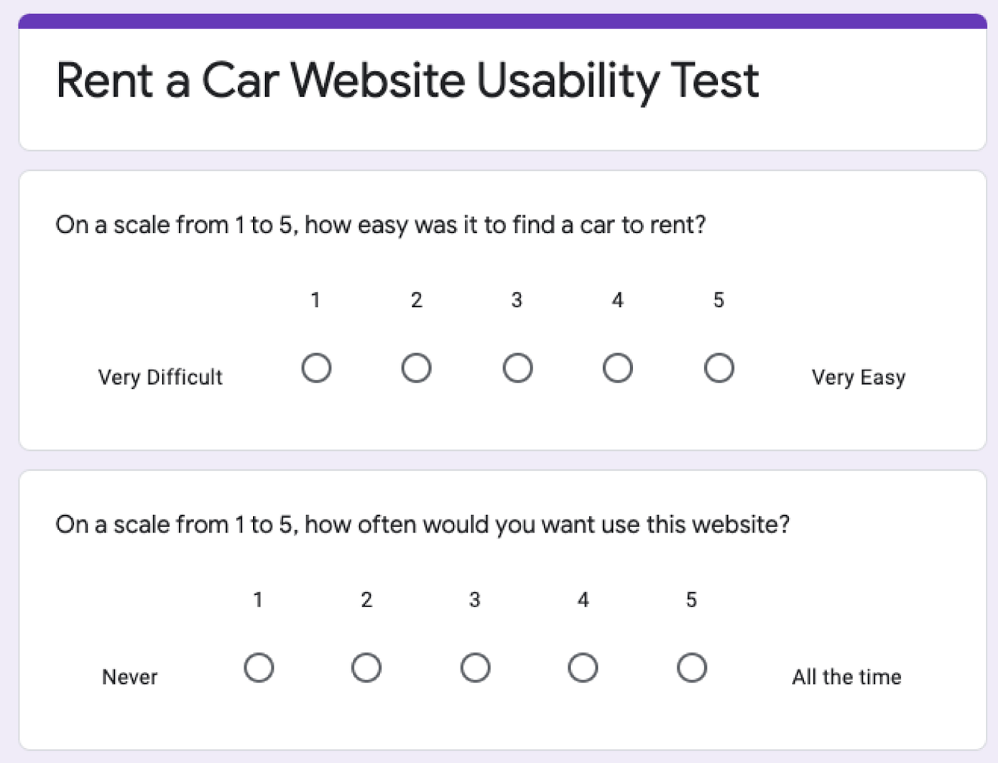 Two questions in a survey that ask users to rate an experience.