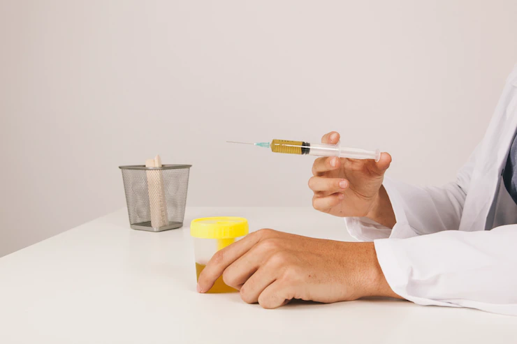 Syringe and sample collection container.