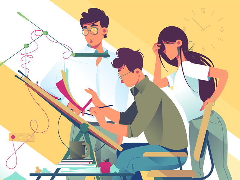 An illustration of people working together and trying to solve problems.