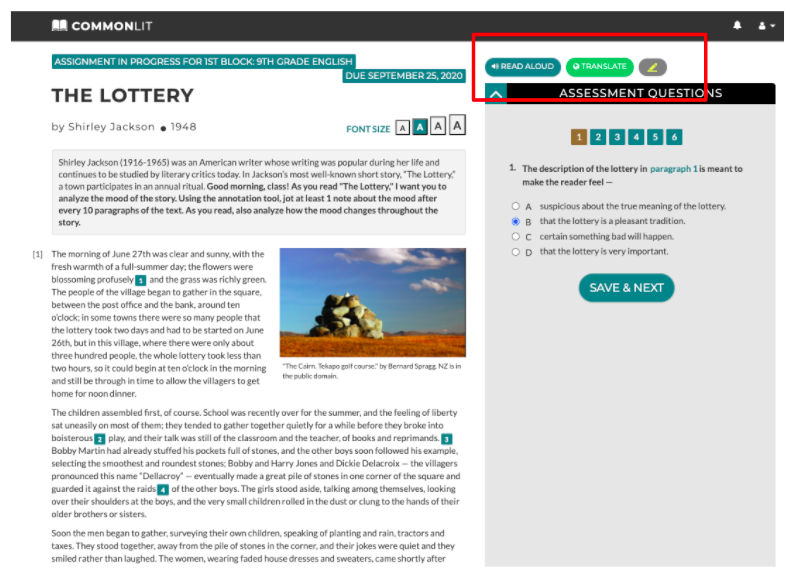 A student view of the CommonLit lesson "The Lottery" with a red box around the read aloud, translation, and annotation tool buttons.