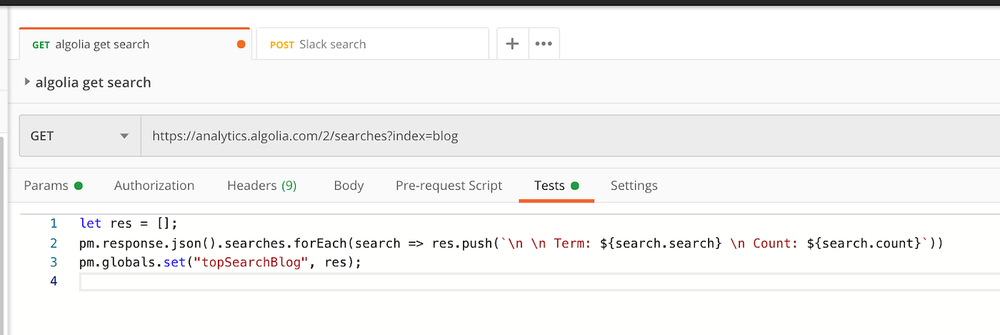 Postman Test Script to store Algolia API results in a global variable to pass on the data to the next request