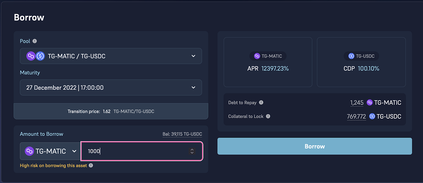 必须偿还 1,245 TG-MATIC 并锁定 769.77 USDC