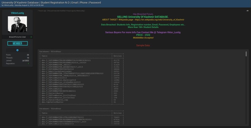 Screenshot of the hacked webpage of University of Kashmir