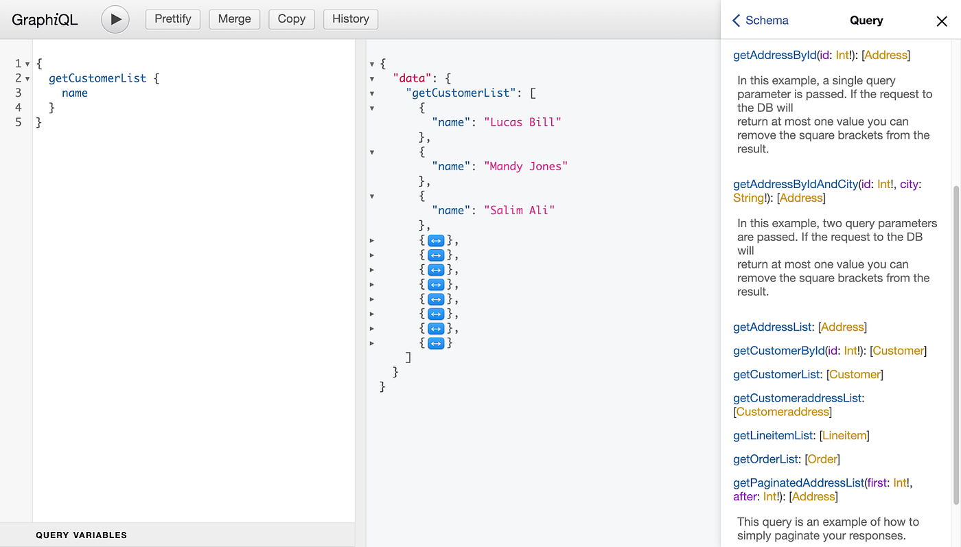 GraphiQL interface for a StepZen GraphQL API