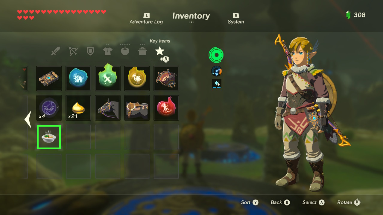 Key items inventory menu in Legend of Zelda: Breath of the Wild. A cooking pot has been added.