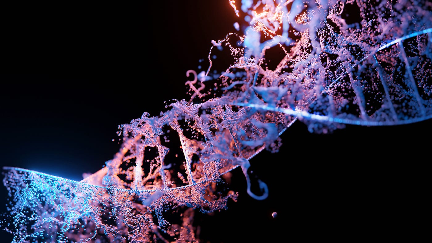 An illustration of a strand of DNA. Black background. DNA is pink and blue.
