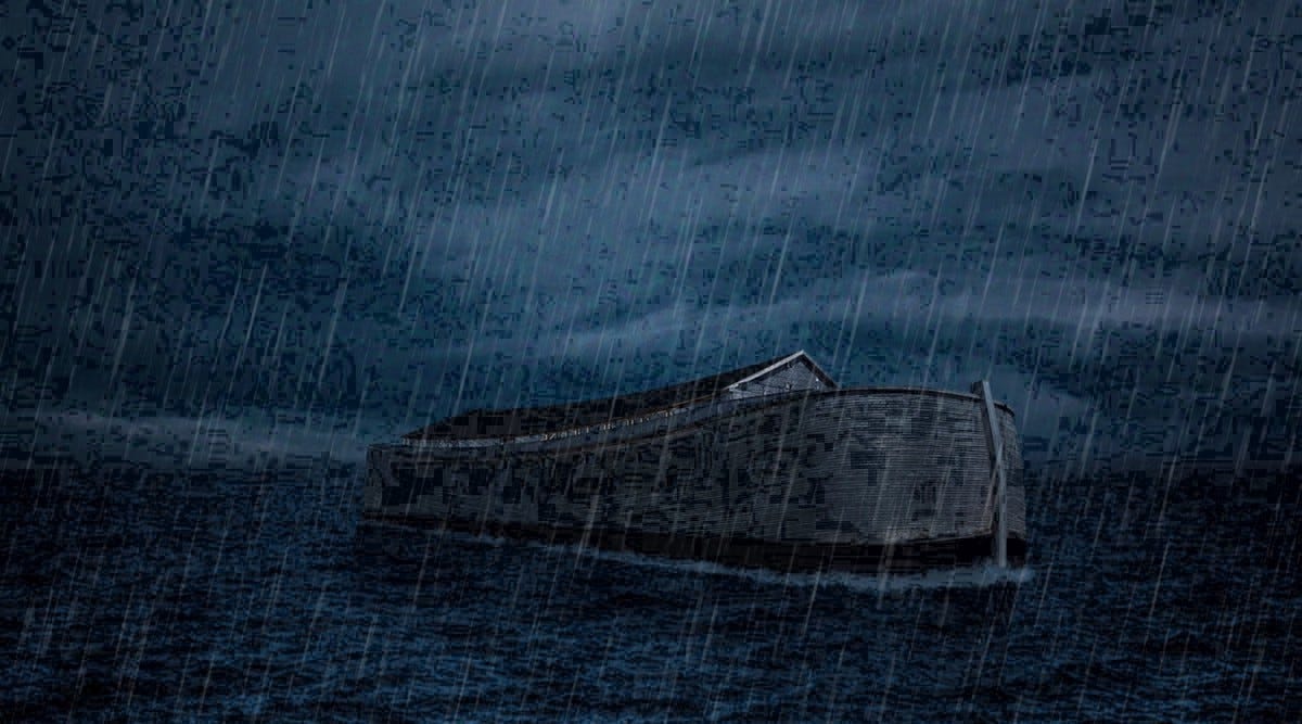 Illustration of an ark in the ocean in the rain.