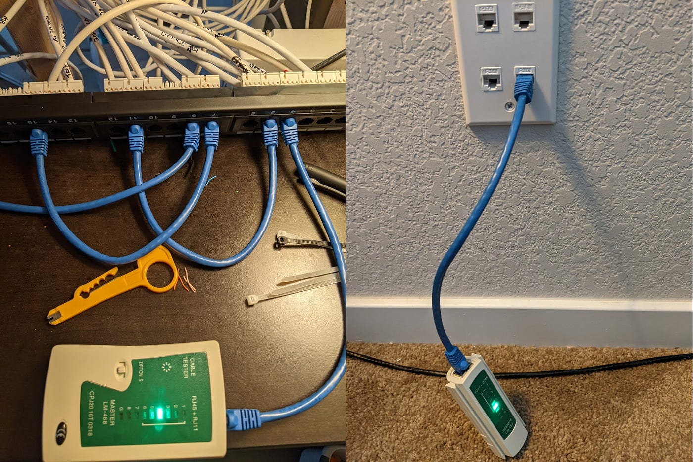 Cable tester in patch panel and wall outlet