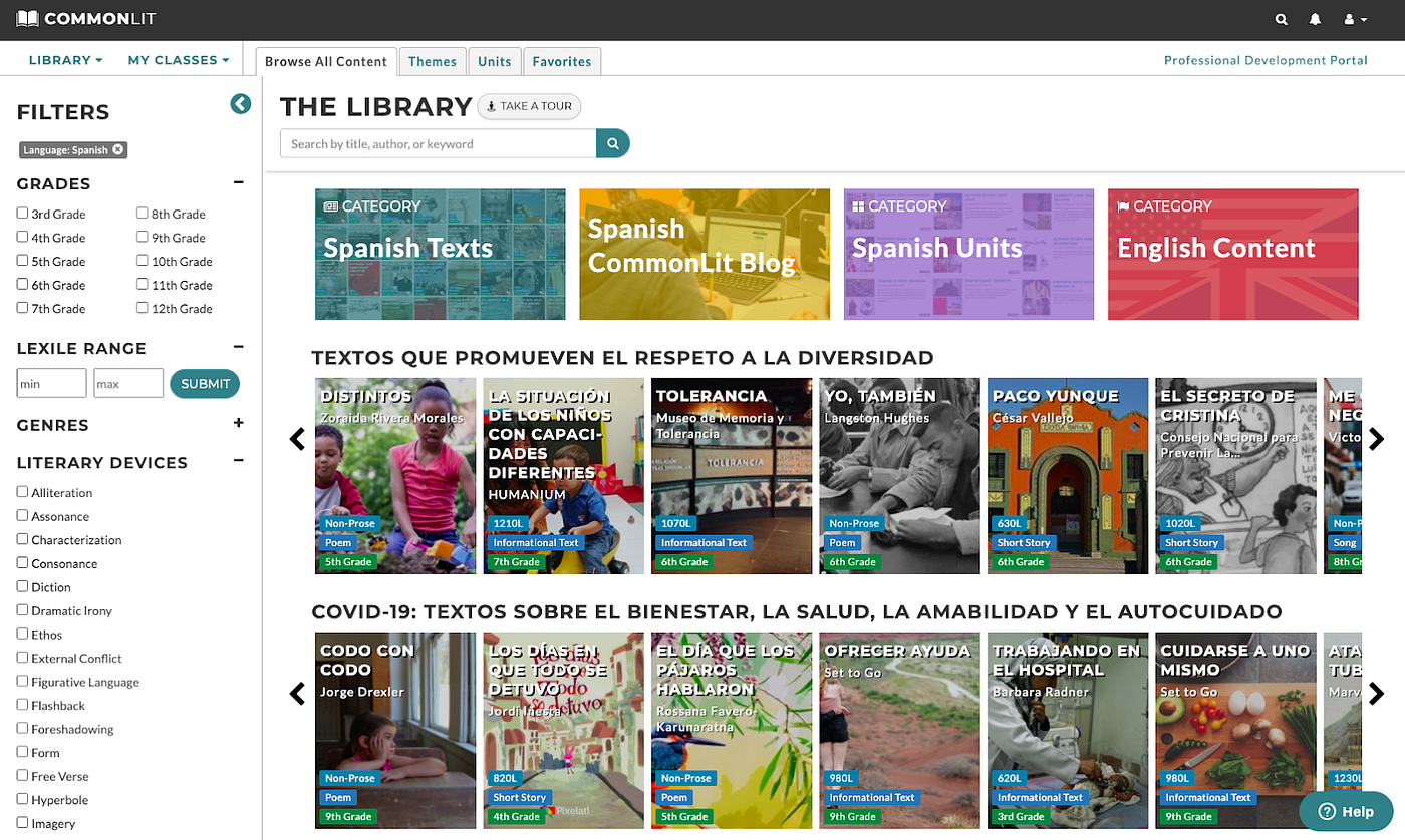 The main page of the CommonLit Español library.