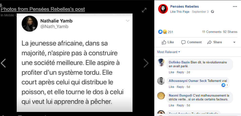 Vrai Nathalie Yamb A Aprement Critique La Jeunesse Africaine Dans Un Tweet By Pesacheck Pesacheck
