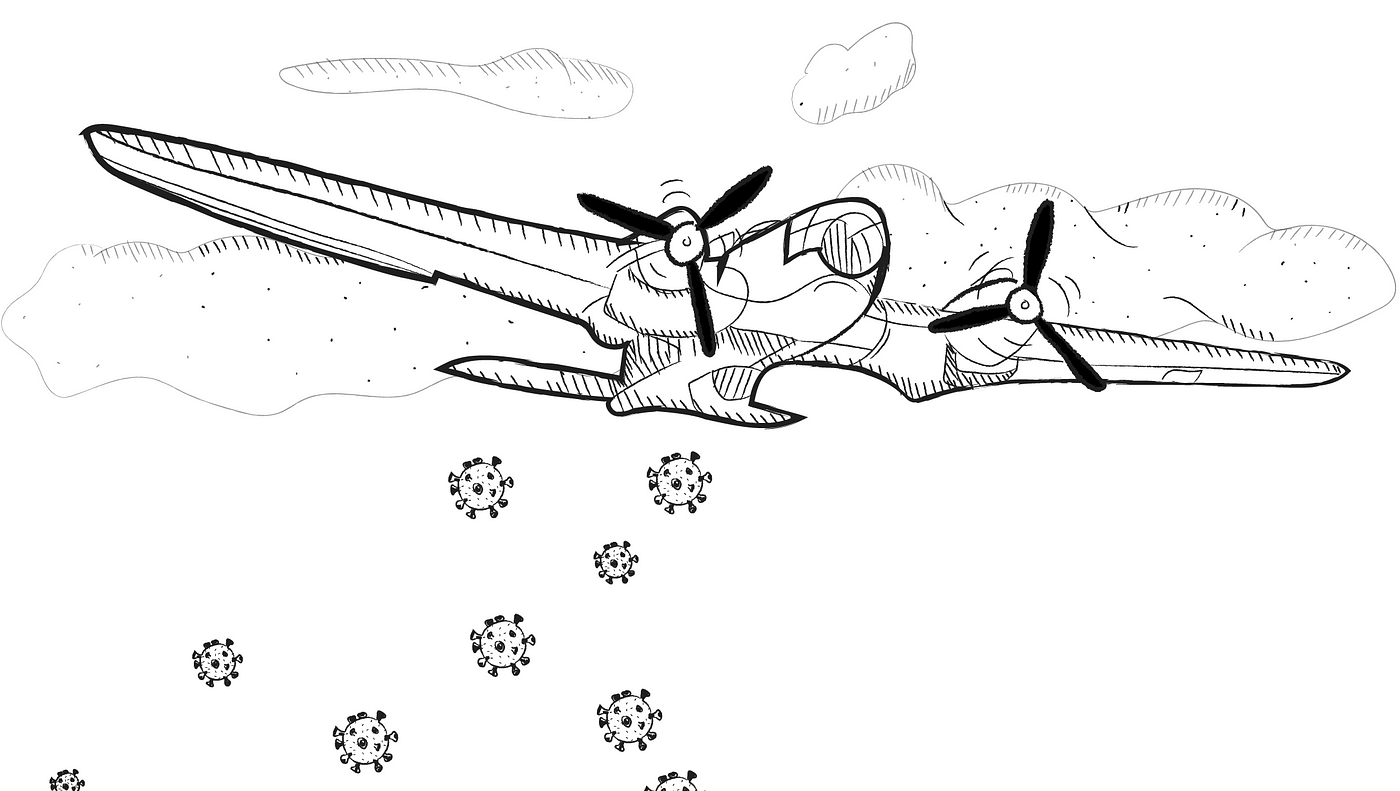 An illustration of a vintage-style plane with propellers flying through the clouds, with large coronavirus cells being “dropped” from the plane.