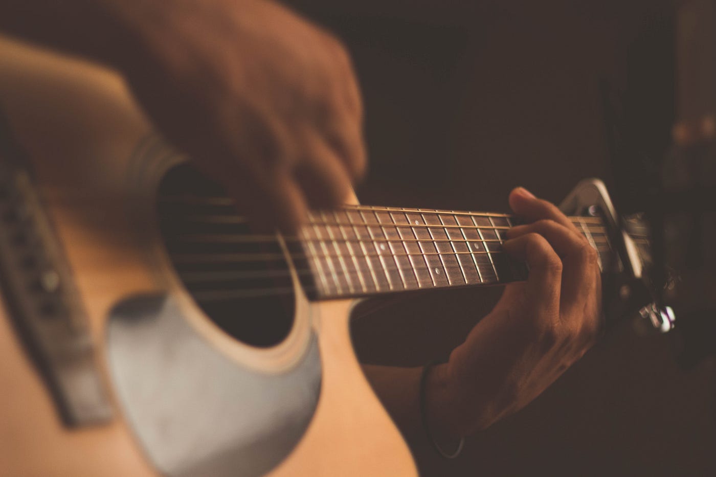 Close up of two hands playing an acoustic guitar.
