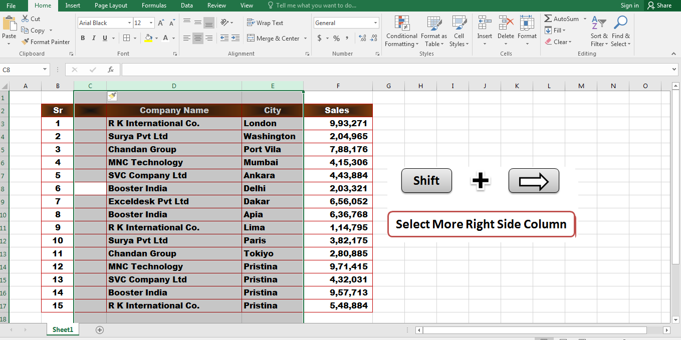 excel keyboard shortcut select all data