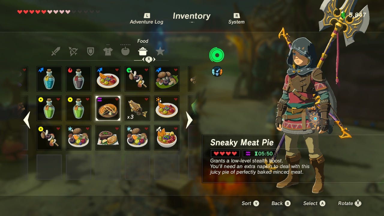 Meals inventory in Legend of Zelda: Breath of the Wild.