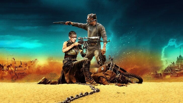 A color poster from Mad Max Fury Road showing a man and a woman pointing weapons in opposite directions.