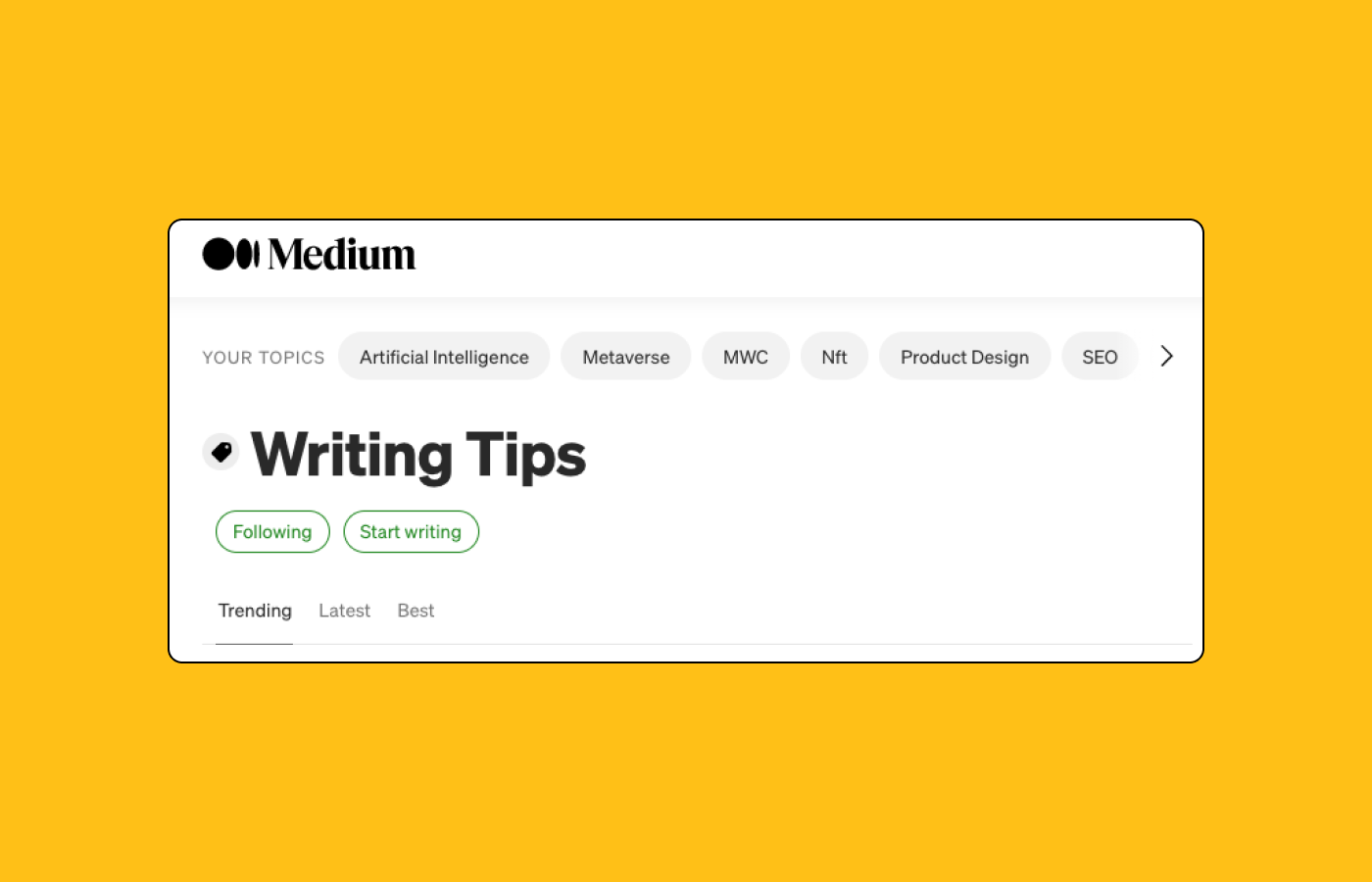A screenshot of Medium new topic pages