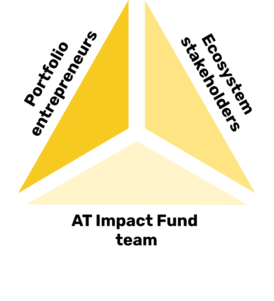 A triangle is shown with ‘Portfolio entrepreneurs’, ‘ecosystem stakeholders’ and ‘AT Impact Fund team’ on each of the points of the triangle.