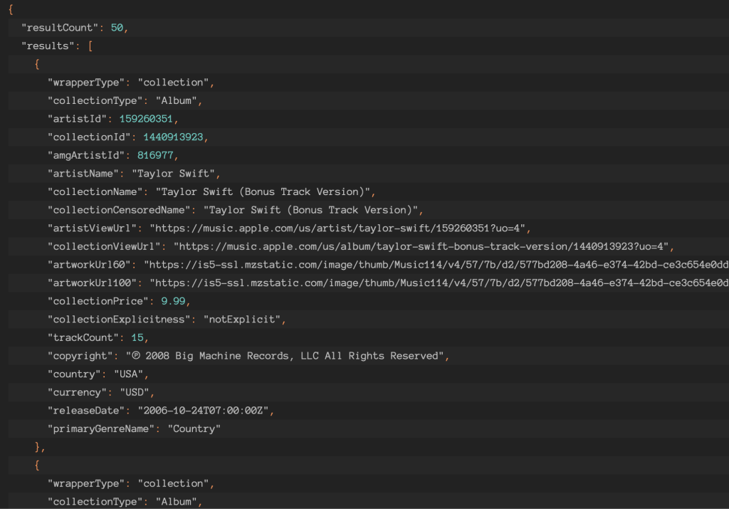 来自 Apple iTunes API 的 JSON 响应