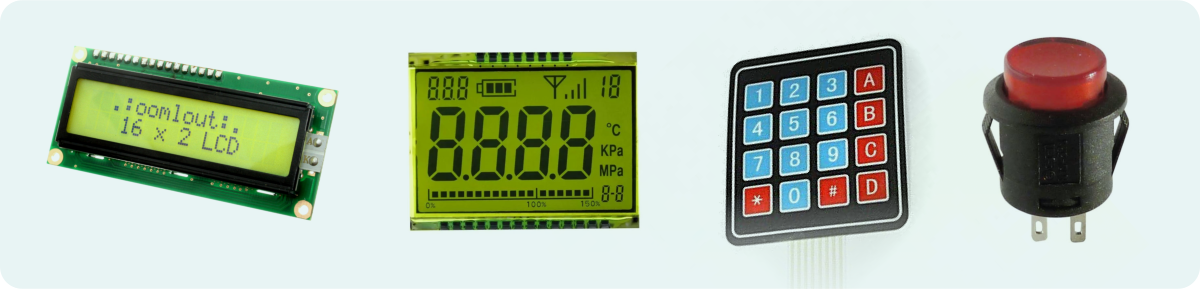 Examples of low tech user interface components (from left to right): dot matrix display, segmented LCD display, membrane panel, and push button.