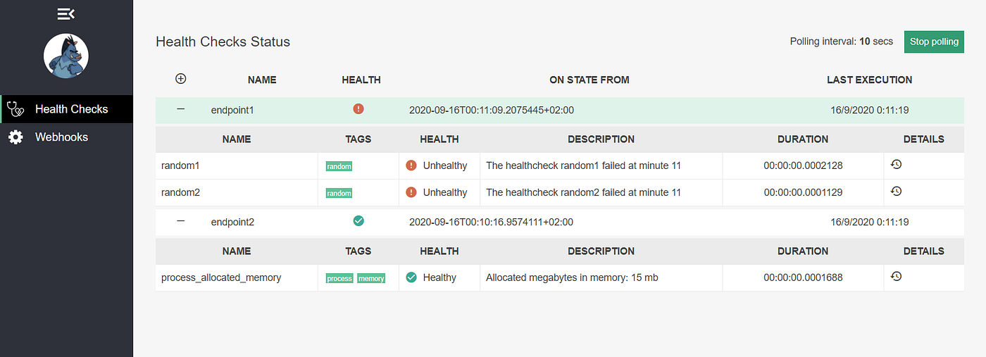 Health check aggregator UI in microservice architecture by Emre