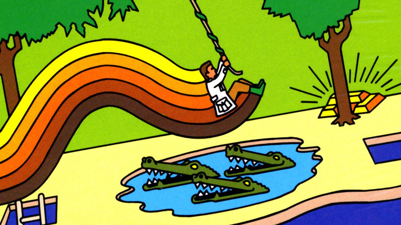 drawing of a man swinging over a pond full of crocodiles with a rope. Cover of the game Pitfall