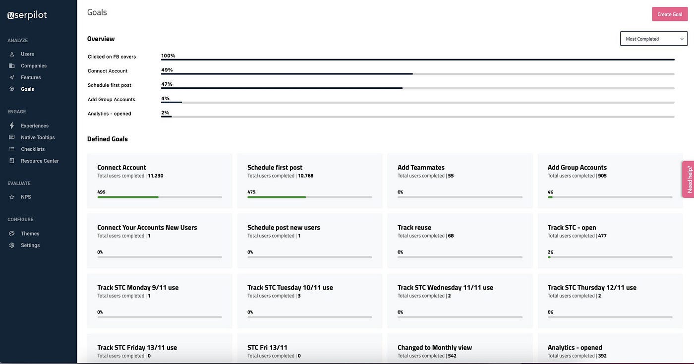 userpilot goals dashboard
