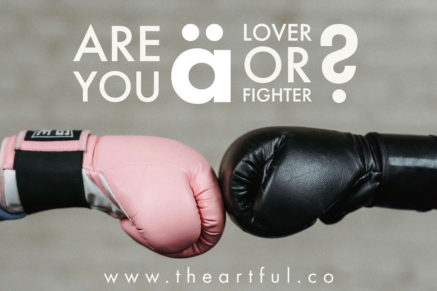 Anonymous fighters bumping fists before boxing w/ a pink glove and a black glove. Are you a lover or fighter? (text)