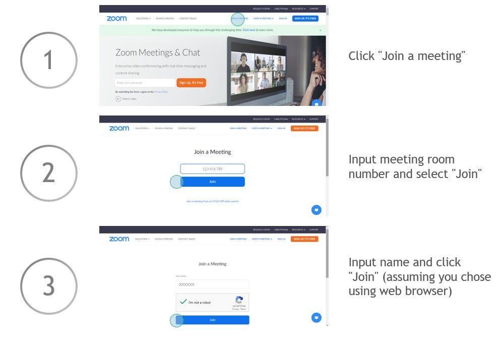 Demonstrating the 3 steps of joining a meeting on Zoom