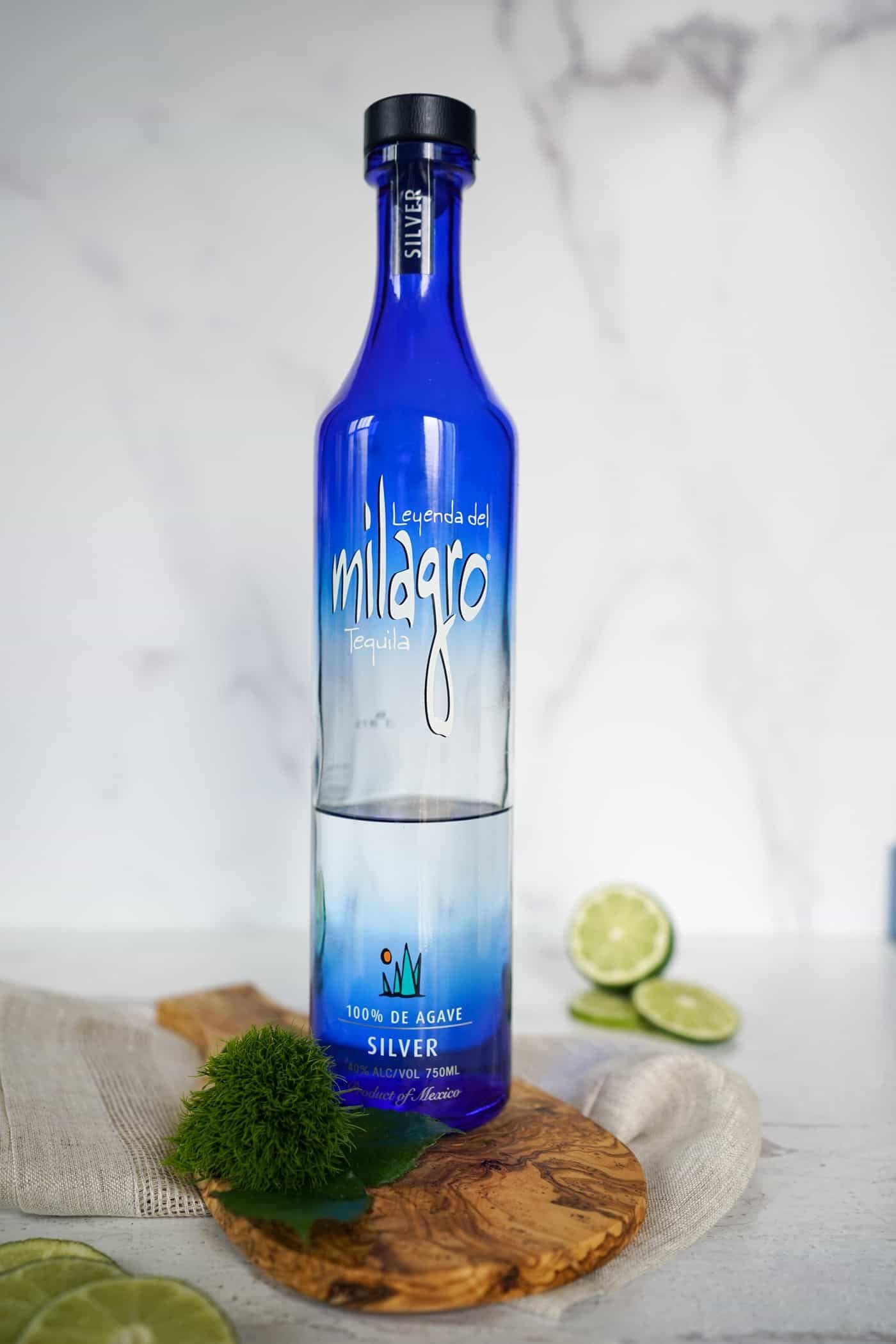 A bottle of Milagro Silver Tequila
