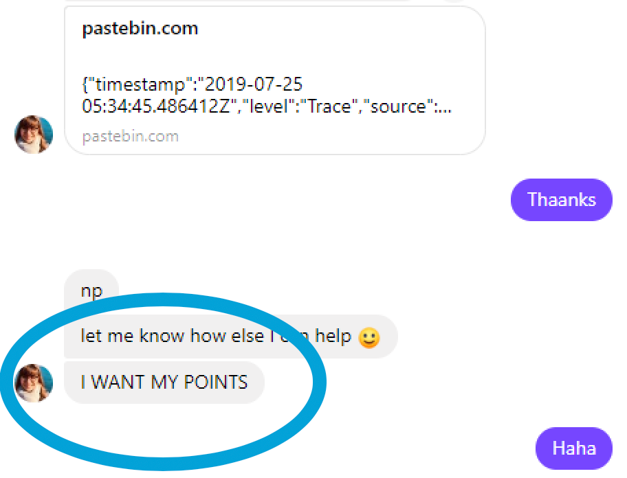 Screenshot of a chat message saying “I WANT MY POINTS”