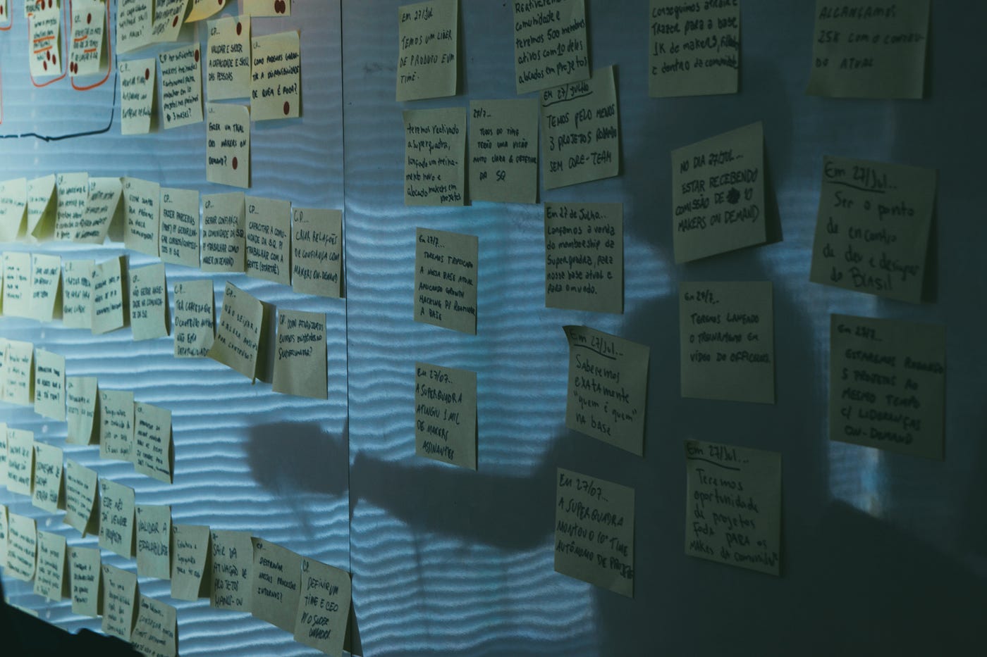 A person standing in front of a board full os post-its