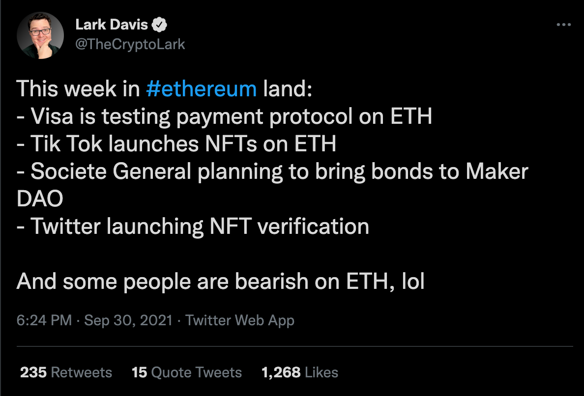 The tweet reads, “this week in #ethereum land….Societe General planning to bring bonds to MakerDAO….And some people are bearish on ETH, lol”.