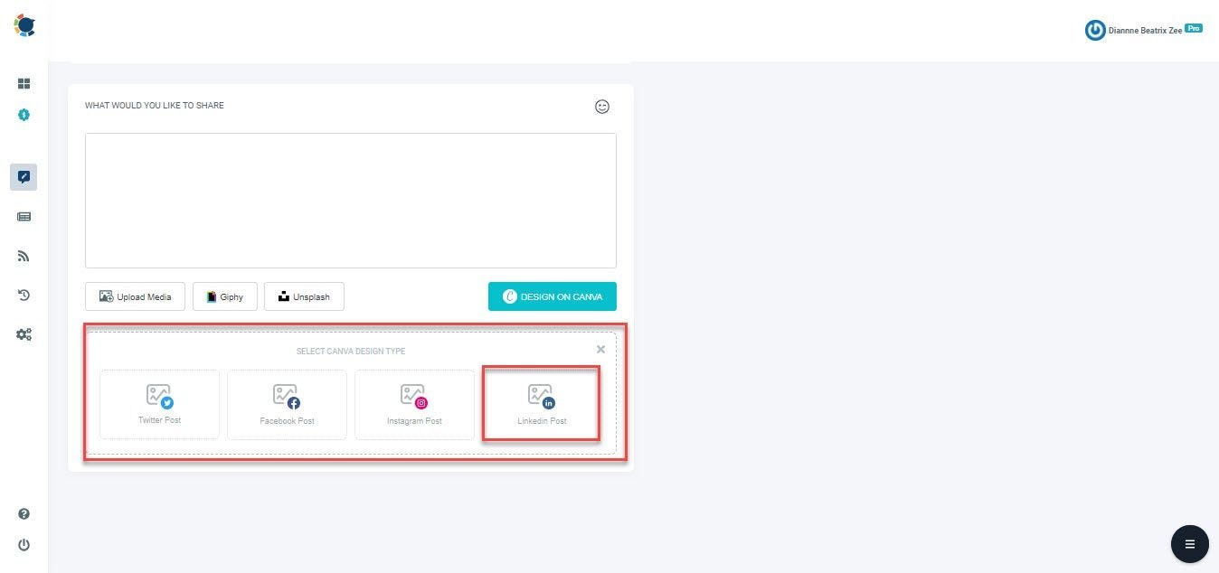 Once you’ve clicked on “Design on Canva” button, the smart template bar for multi-platforms will open. Here, you can quickly choose “LinkedIn post” to continue.