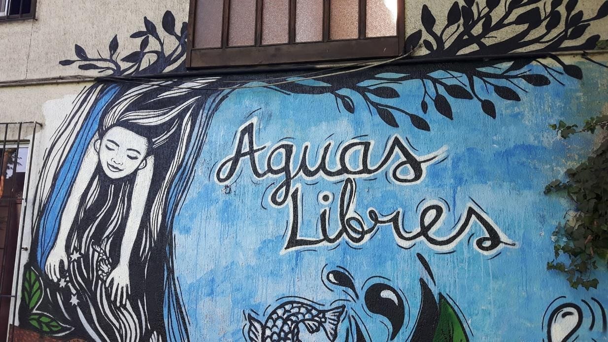 Blue mural in Santiago, Chile, depicting “aguas libres.”