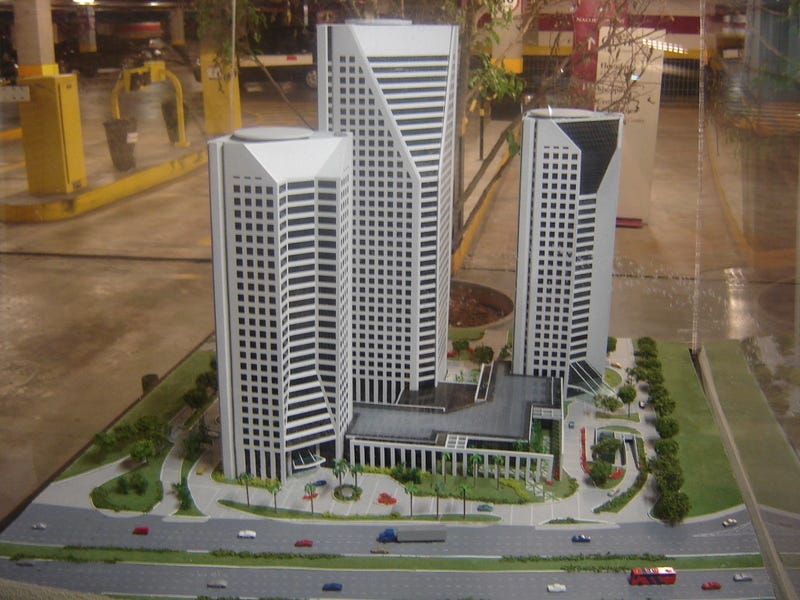 A scale model of three skyscrapers