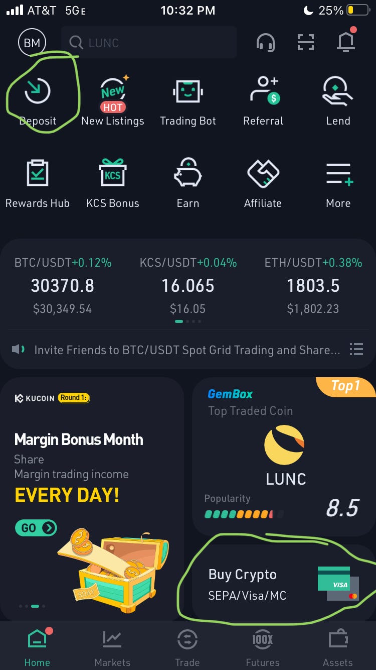 Déposer de l'argent ou de la crypto dans Kucoin