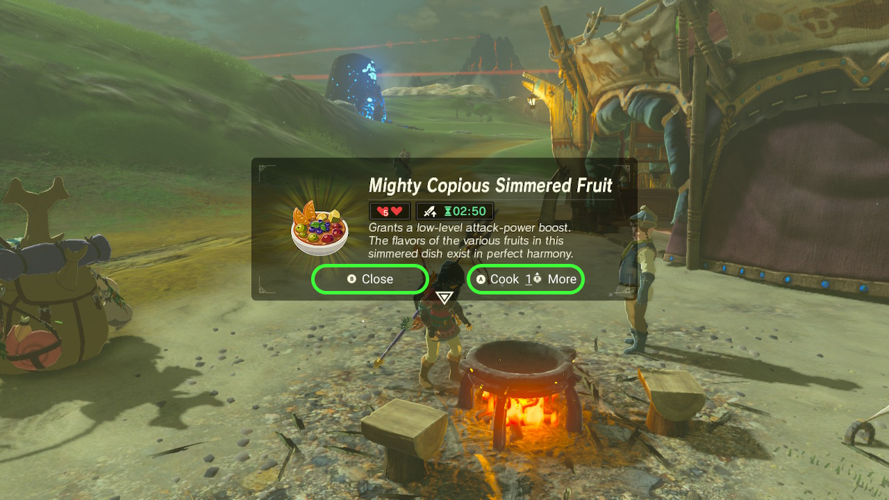 Link has made Mighty Copious Simmered Fruit using a cooking fire. There is an option to create 1 more of the same meal.