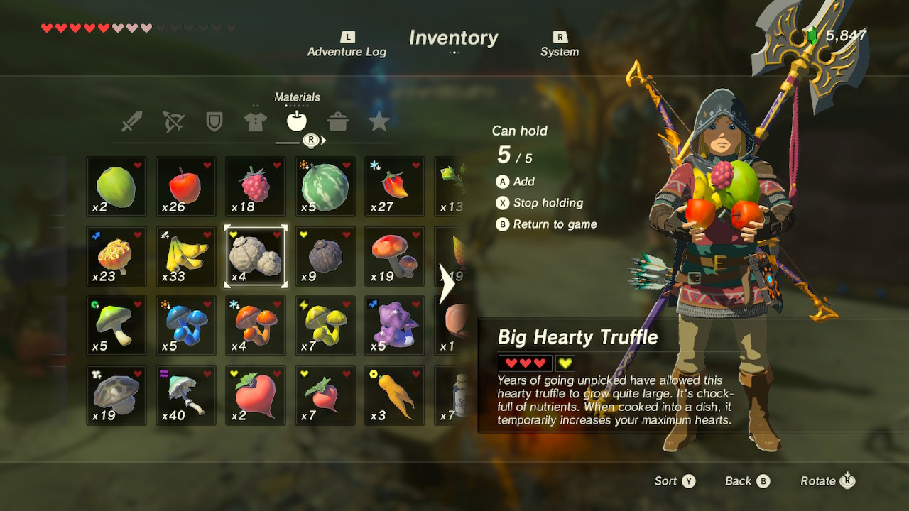 Ingredients inventory in Legend of Zelda: Breath of the Wild. All ingredient effects are denoted by symbols.
