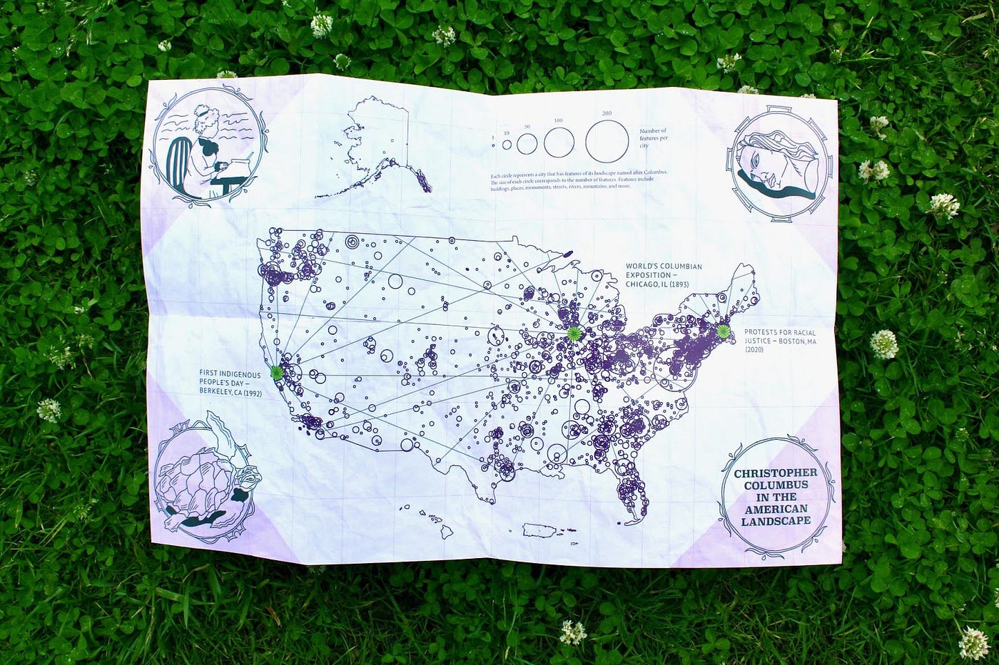 Open Map View of “We Never Wanted Him Here” Zine — “Christopher Columbus in The American Landscape” in Grass