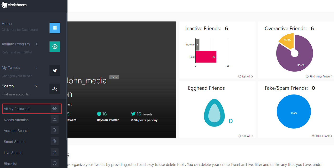 You can view all your followers on Circleboom’s dashboard by clicking on Search