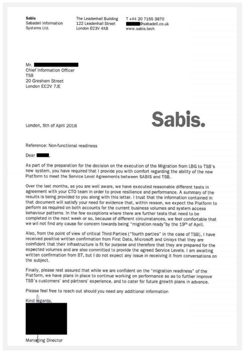 Letter from SABIS to TSB CIO giving positive affirmation of infrastructure readiness.