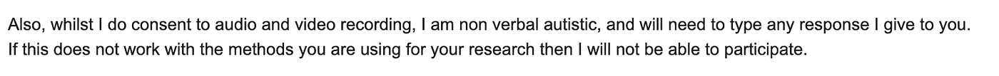 An image showing part of an email response. The person sending it is explaining that he has non verbal autism