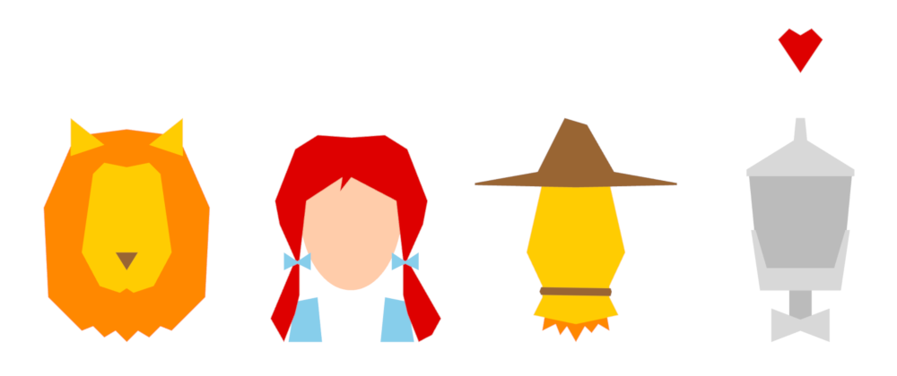Polygonal portraits of a lion, a girl, a scarecrow, and a tin woodman.
