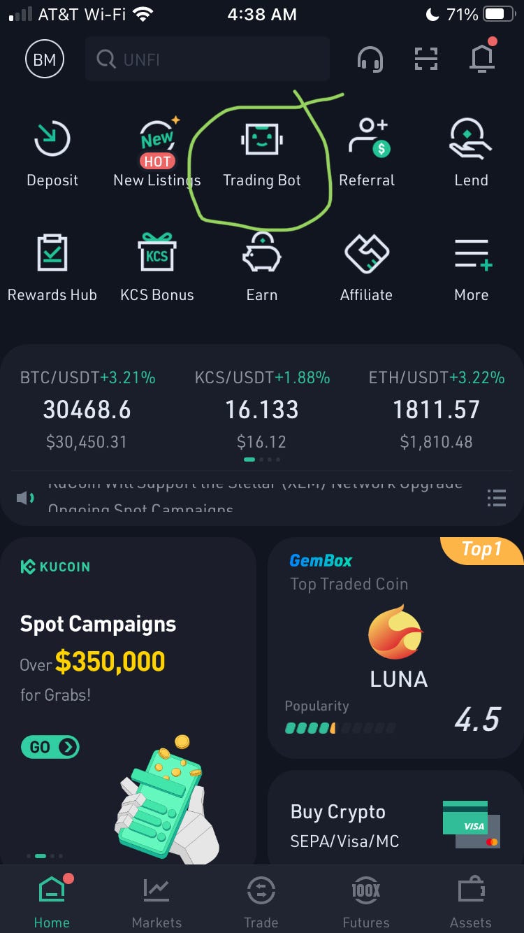 Trouver l'icône du robot de trading dans KuCoin