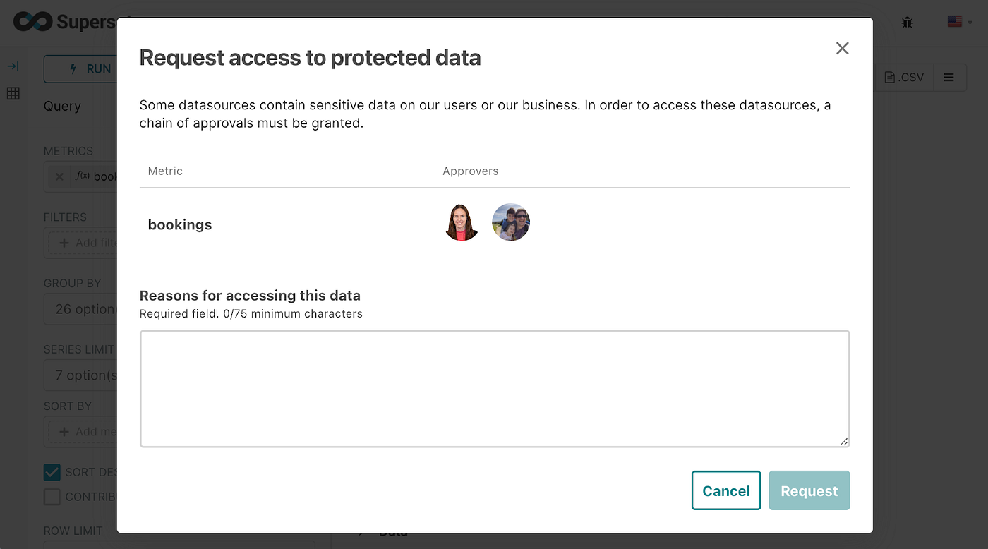 A modal where the user can request access to protected data, with information about who will approve their request