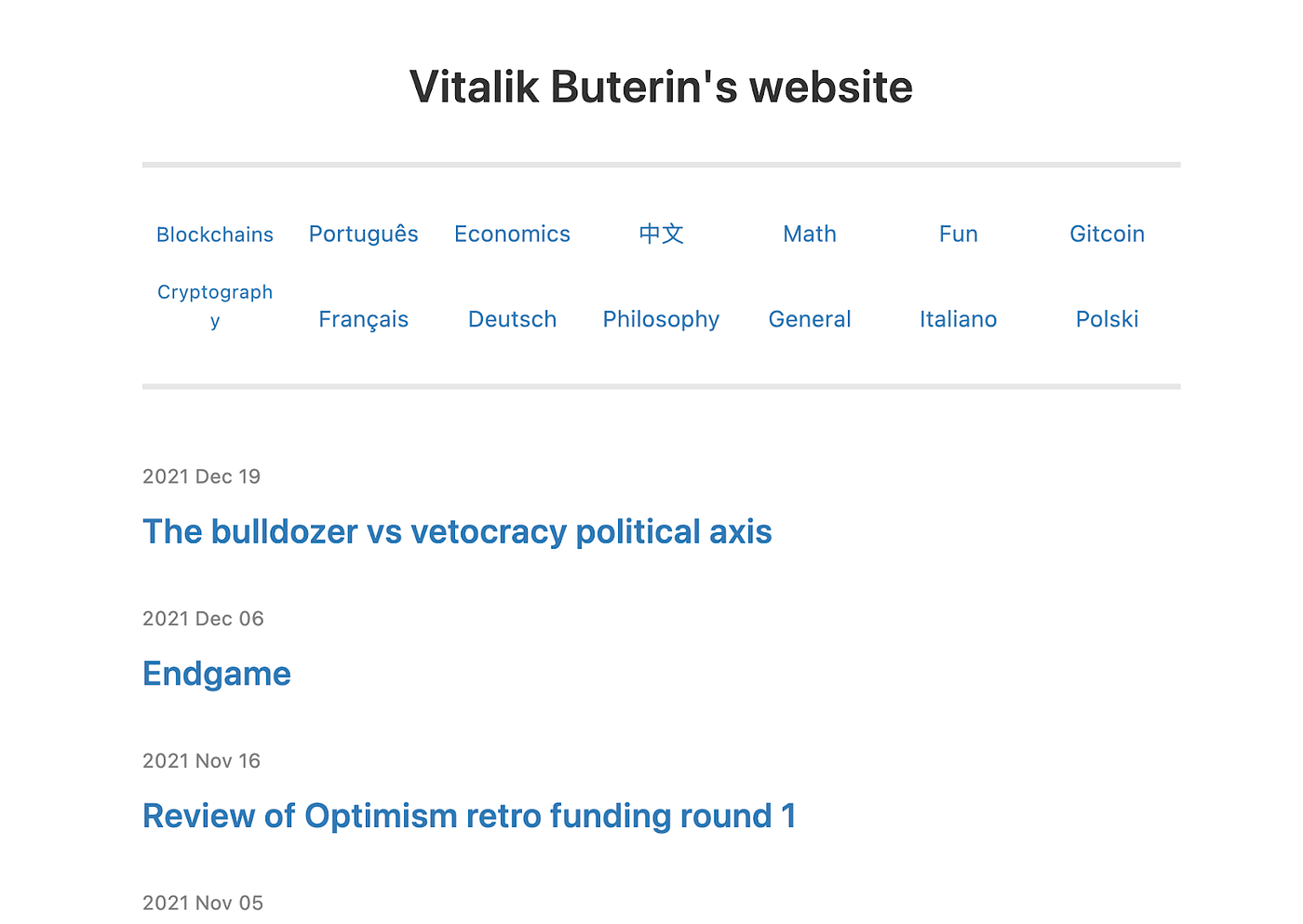 A screenshot of Vitalik Buterin’s website, which includes recent blog posts and the option to read translations of them.