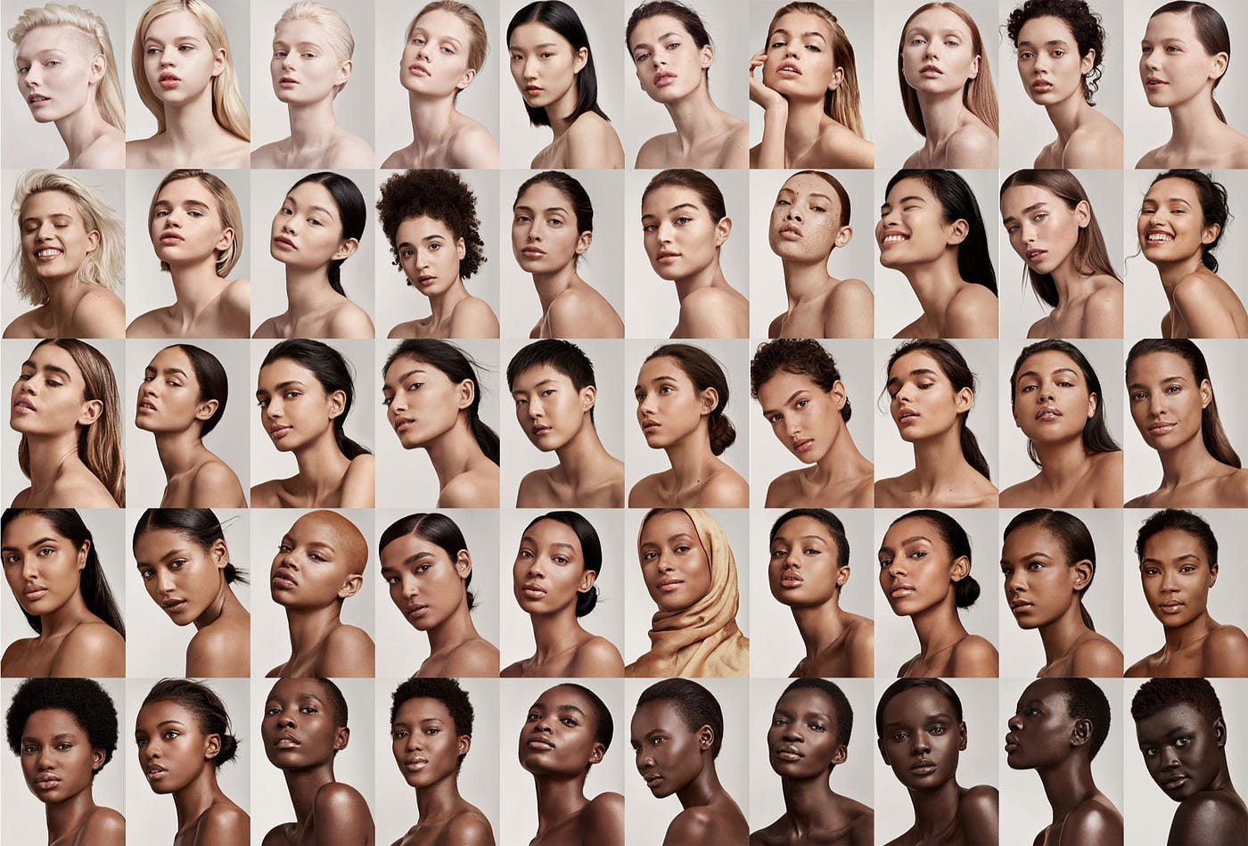 Fenty beauty models with 50 different skin types, from light-skinned to dark-skinned.