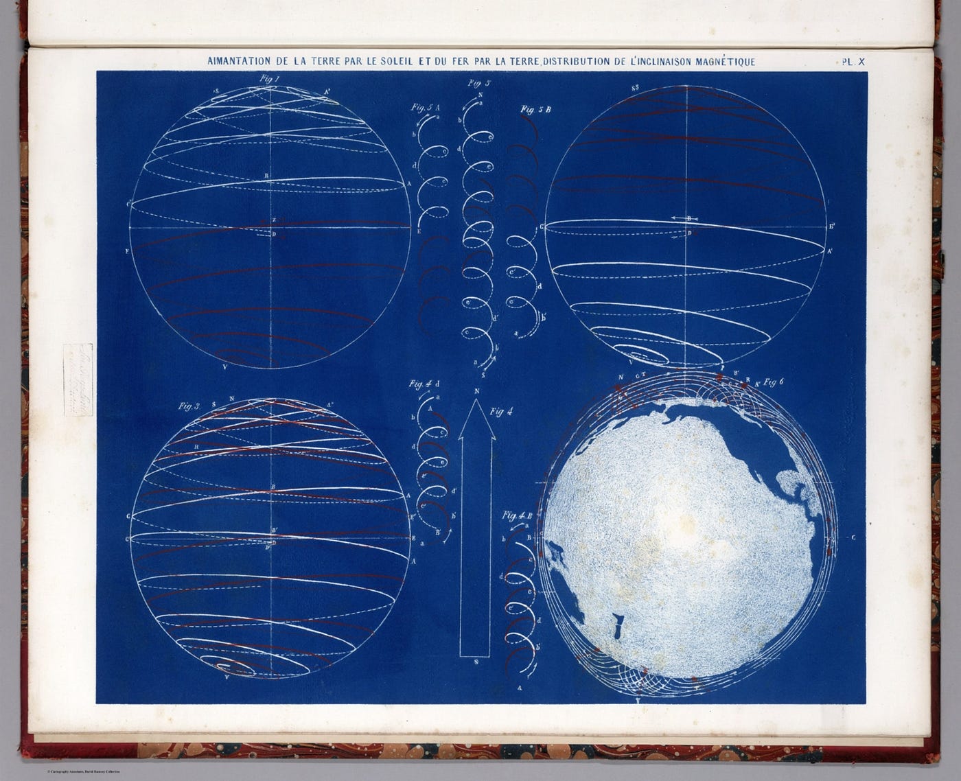 An image from Pierre Beron’s “Atlas Meteorologique”, showing four views of the earth and its magnetic field