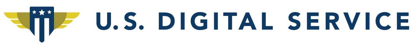 The logo of the U.S. Digital Service, which is a blue shield with three white stars on top and three white strips on the bottom and golden wings on each side, appears next to blue all-capitalized letters that read “U.S. Digital Service.”