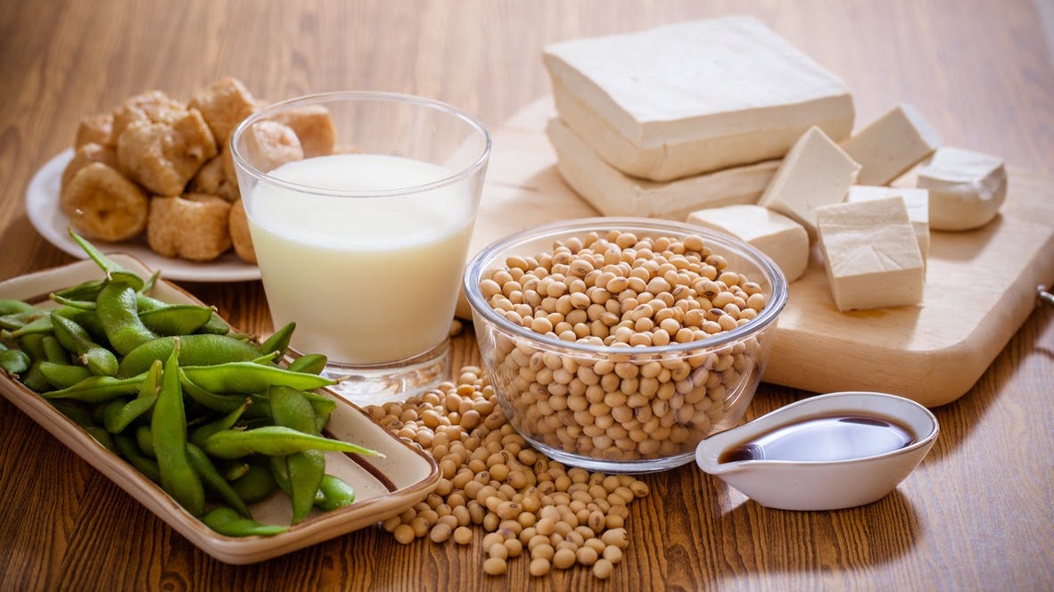 Range of soy products including: dry beans; fresh edamame; tofu; soy sauce